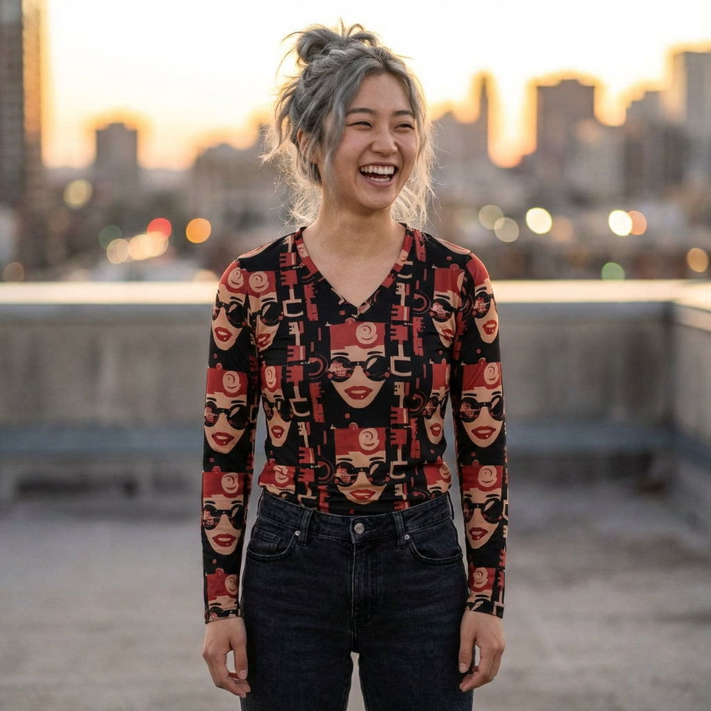 Retro Floral Face V-Neck Long Sleeve Shirt