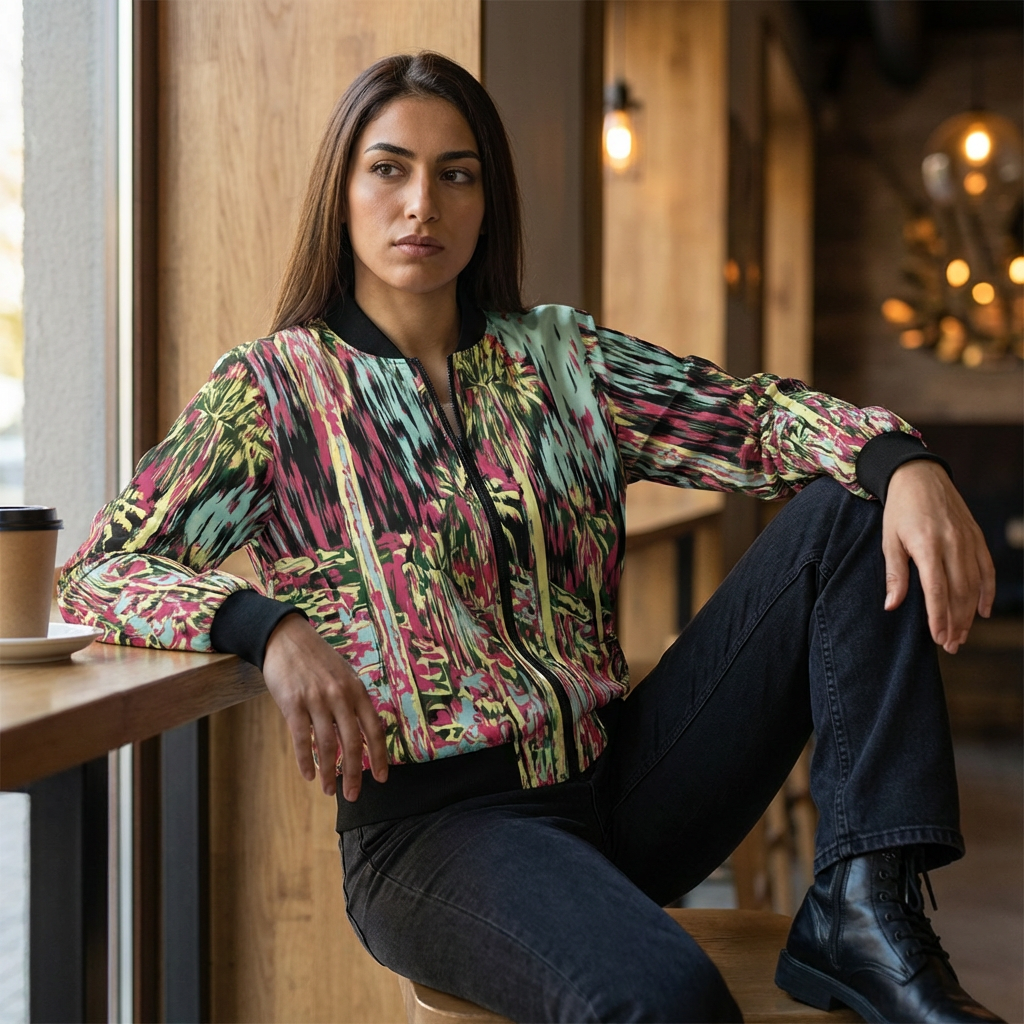 Abstract Palm Print Bomber Jacket — Pink Teal All-Over Women’s Outerwear