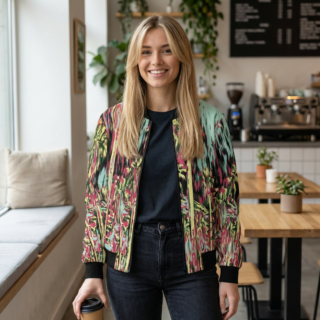 Abstract Palm Print Bomber Jacket — Pink Teal All-Over Women’s Outerwear