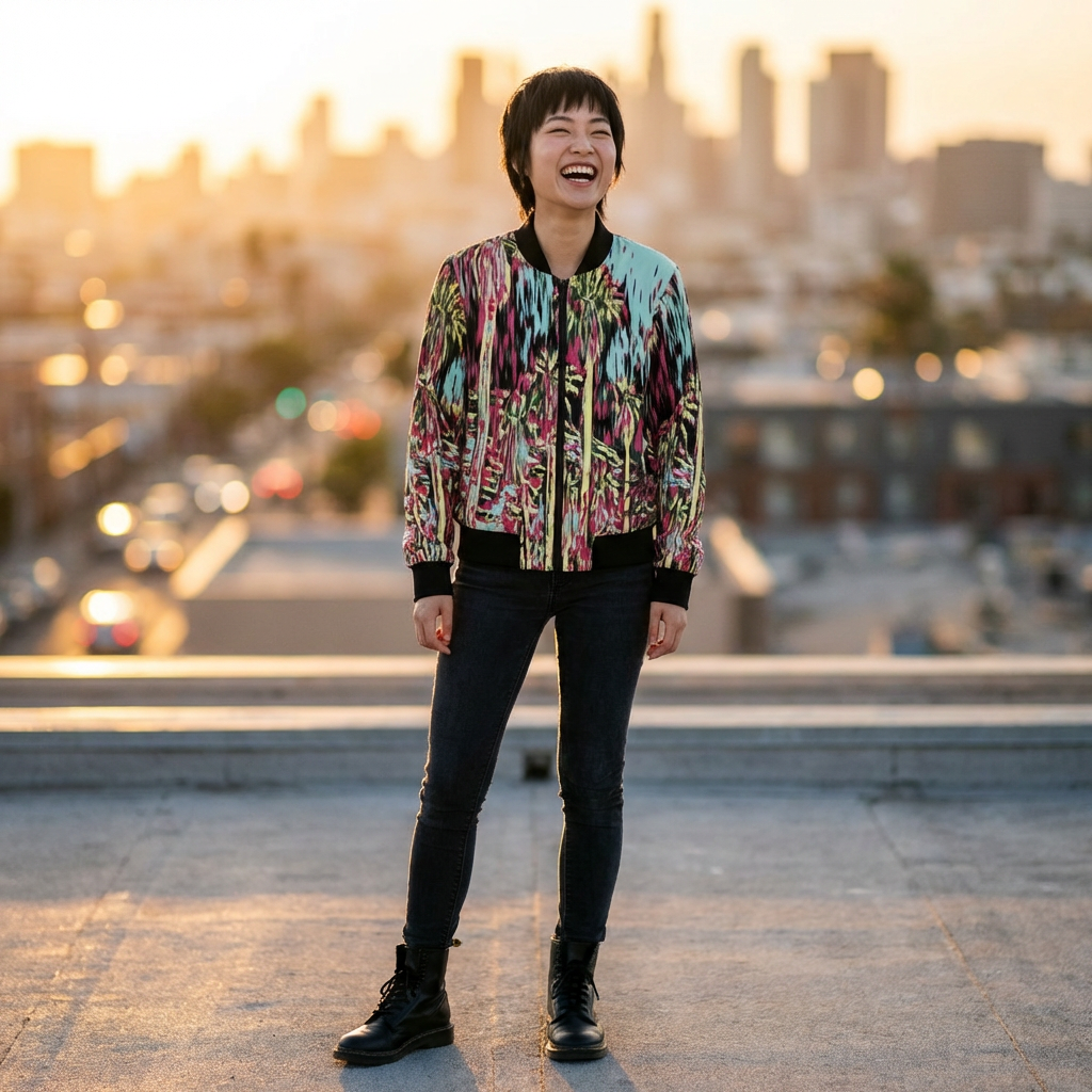 Abstract Palm Print Bomber Jacket — Pink Teal All-Over Women’s Outerwear