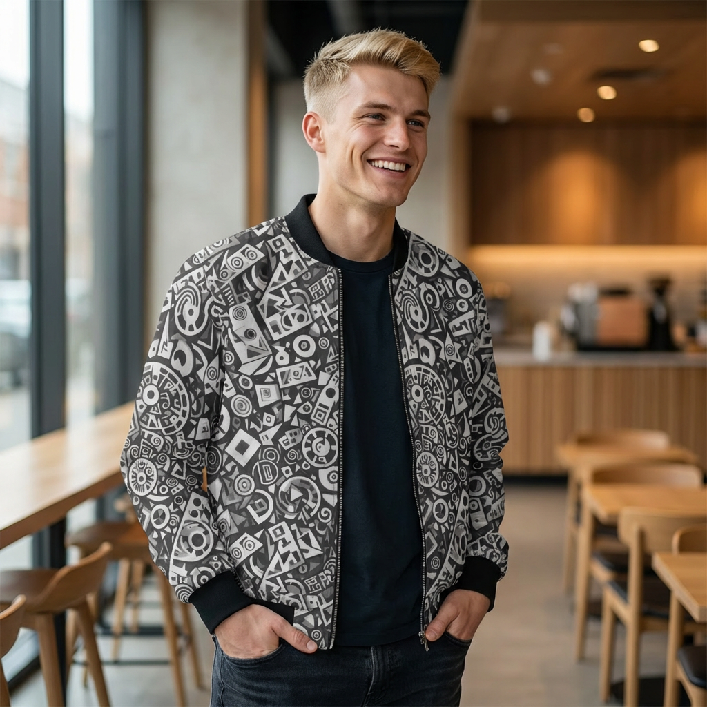 Abstract Monochrome Pattern Bomber Jacket — Geometric Doodle AOP