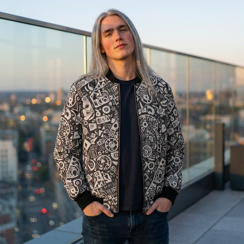 Abstract Monochrome Pattern Bomber Jacket — Geometric Doodle AOP