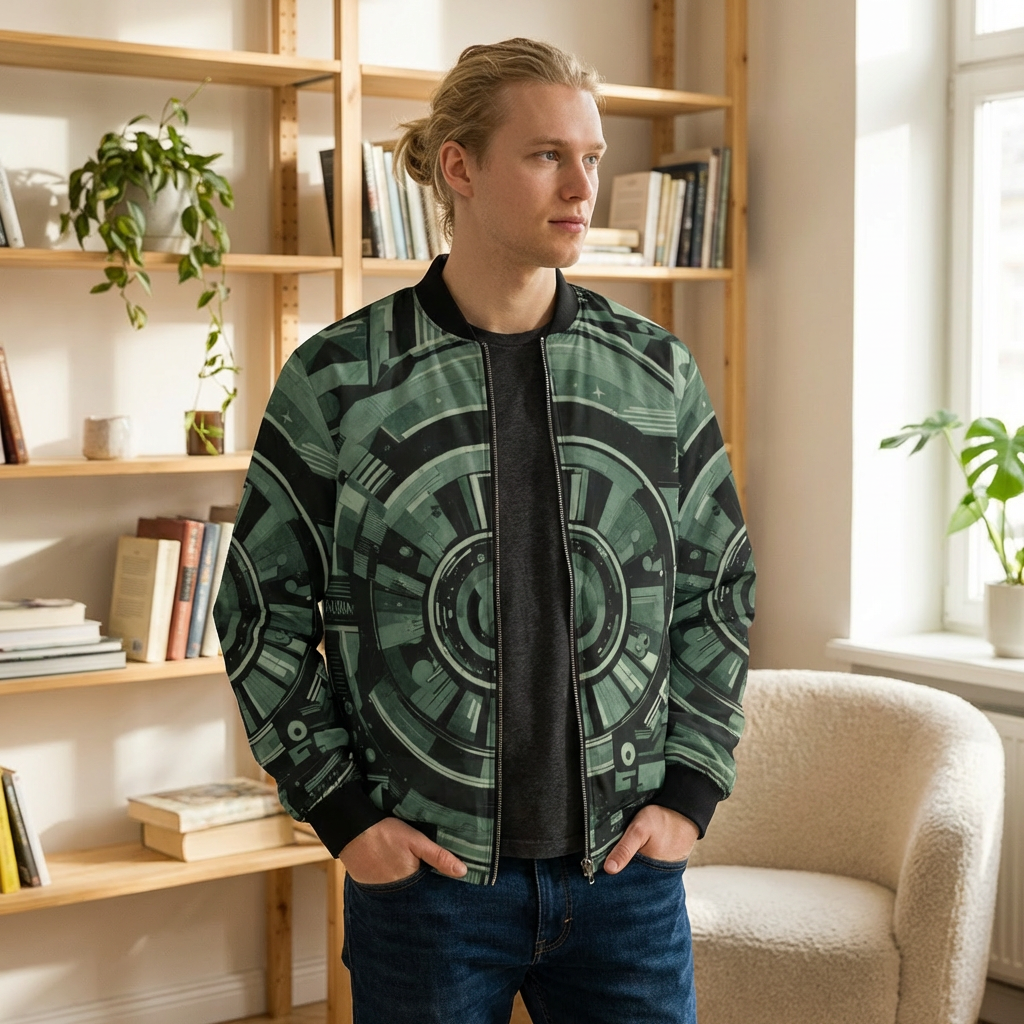 Techno Circuit Bomber Jacket – Futuristic Mechanical Gear Print