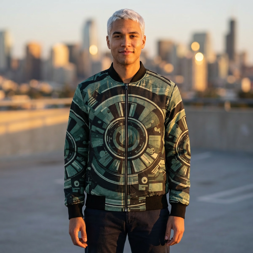 Techno Circuit Bomber Jacket – Futuristic Mechanical Gear Print