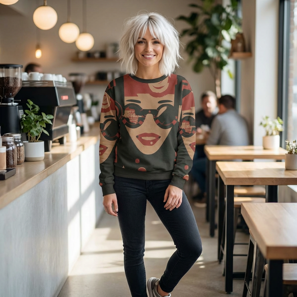 Retro Pop Art Face Sweatshirt – Vintage Graphic All-Over Print