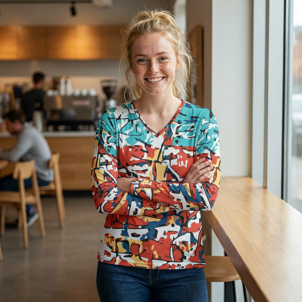 Abstract Coastal Patchwork V-Neck Long Sleeve