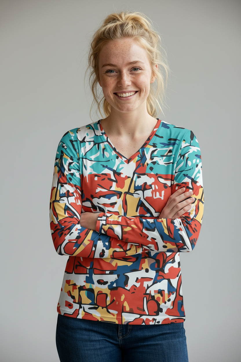 Women’s V-neck long-sleeve abstract coastal print top in teal, red, and navy with arms crossed