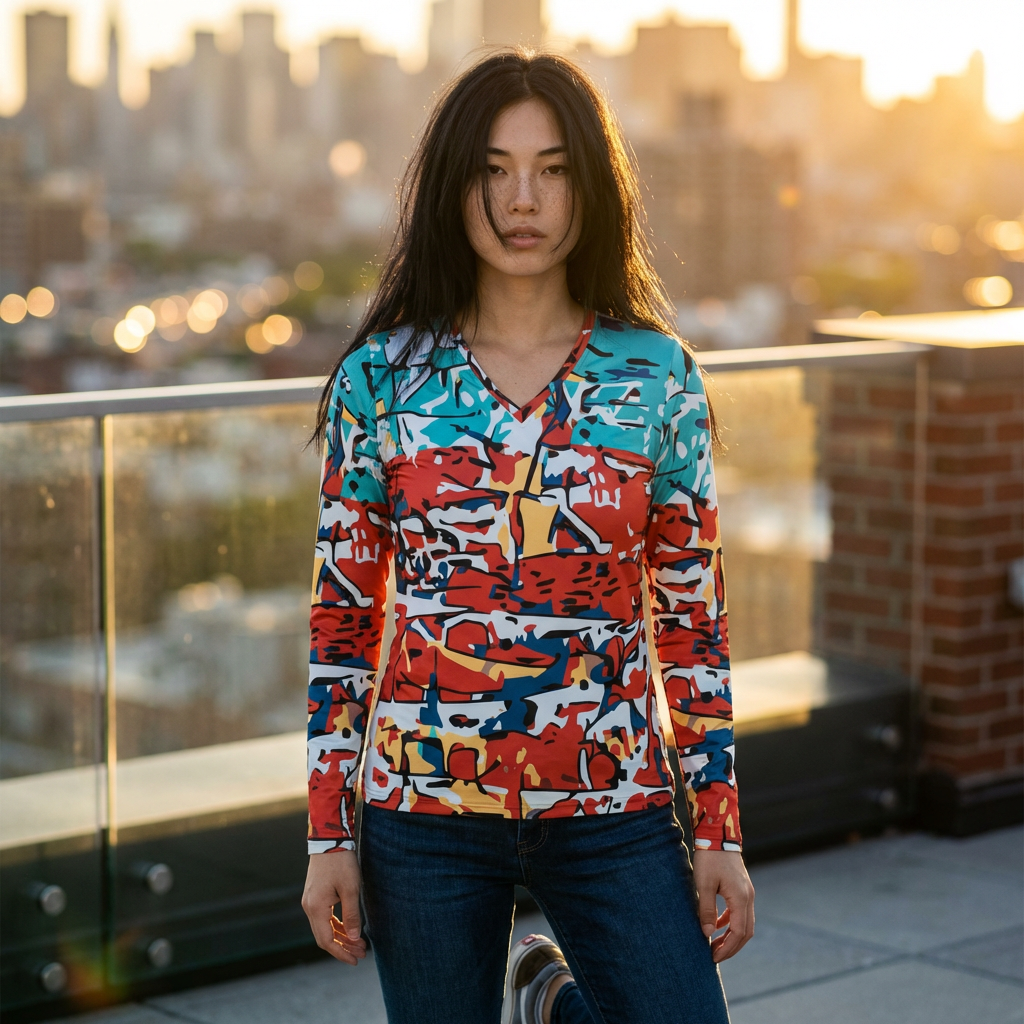 Abstract Coastal Patchwork V-Neck Long Sleeve