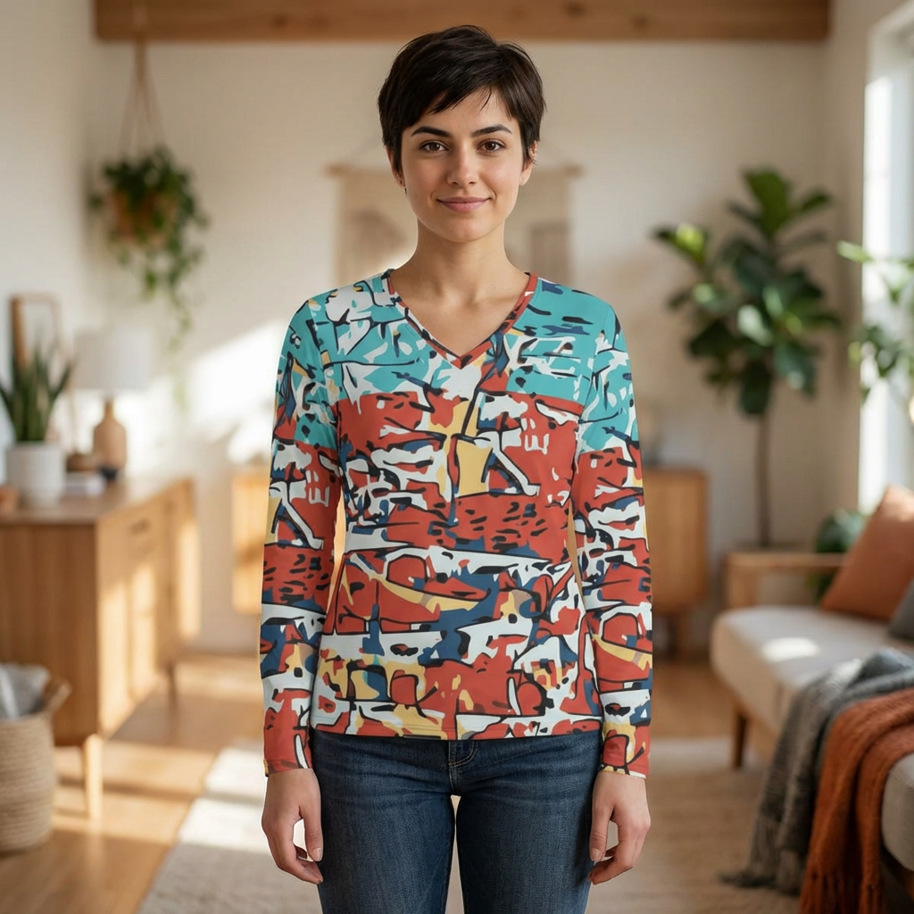 Abstract Coastal Patchwork V-Neck Long Sleeve