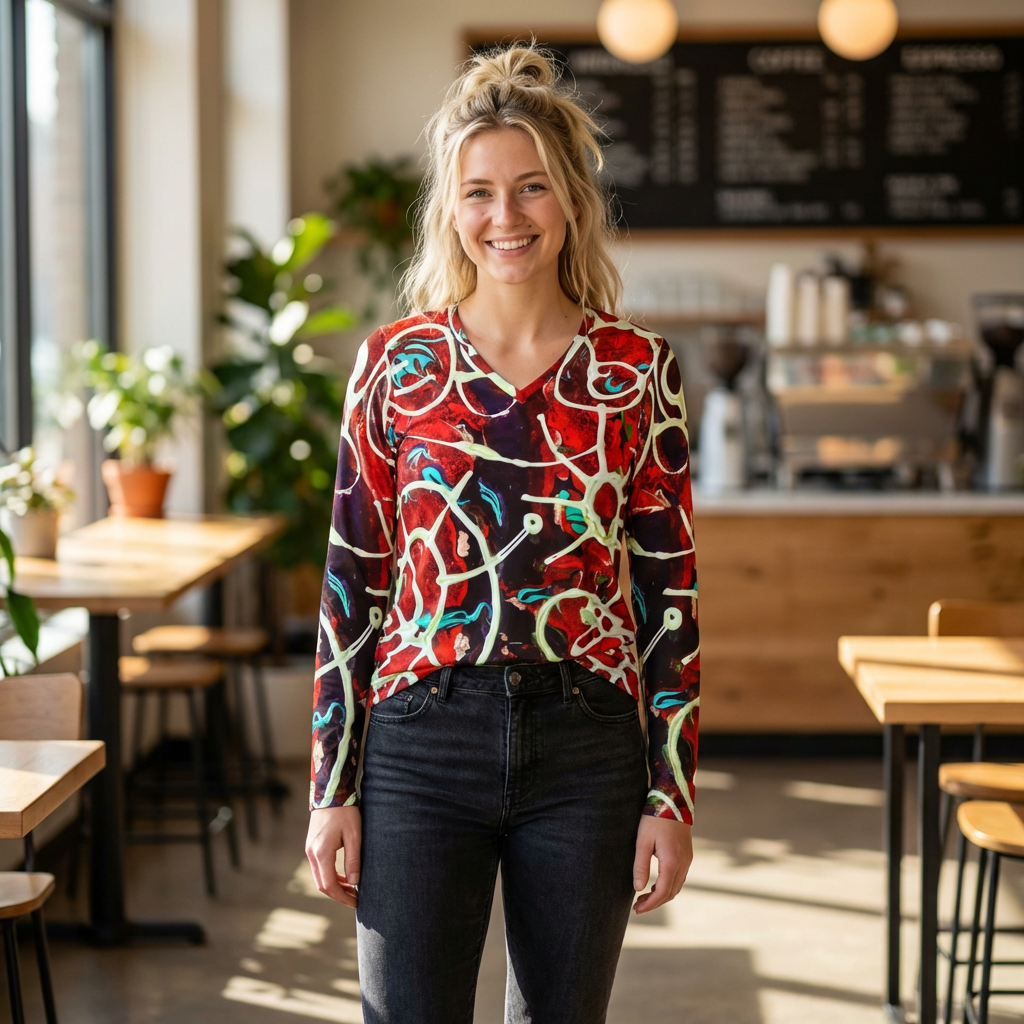 Women's V-Neck Long Sleeve Shirt — Red Abstract Floral All-Over Print