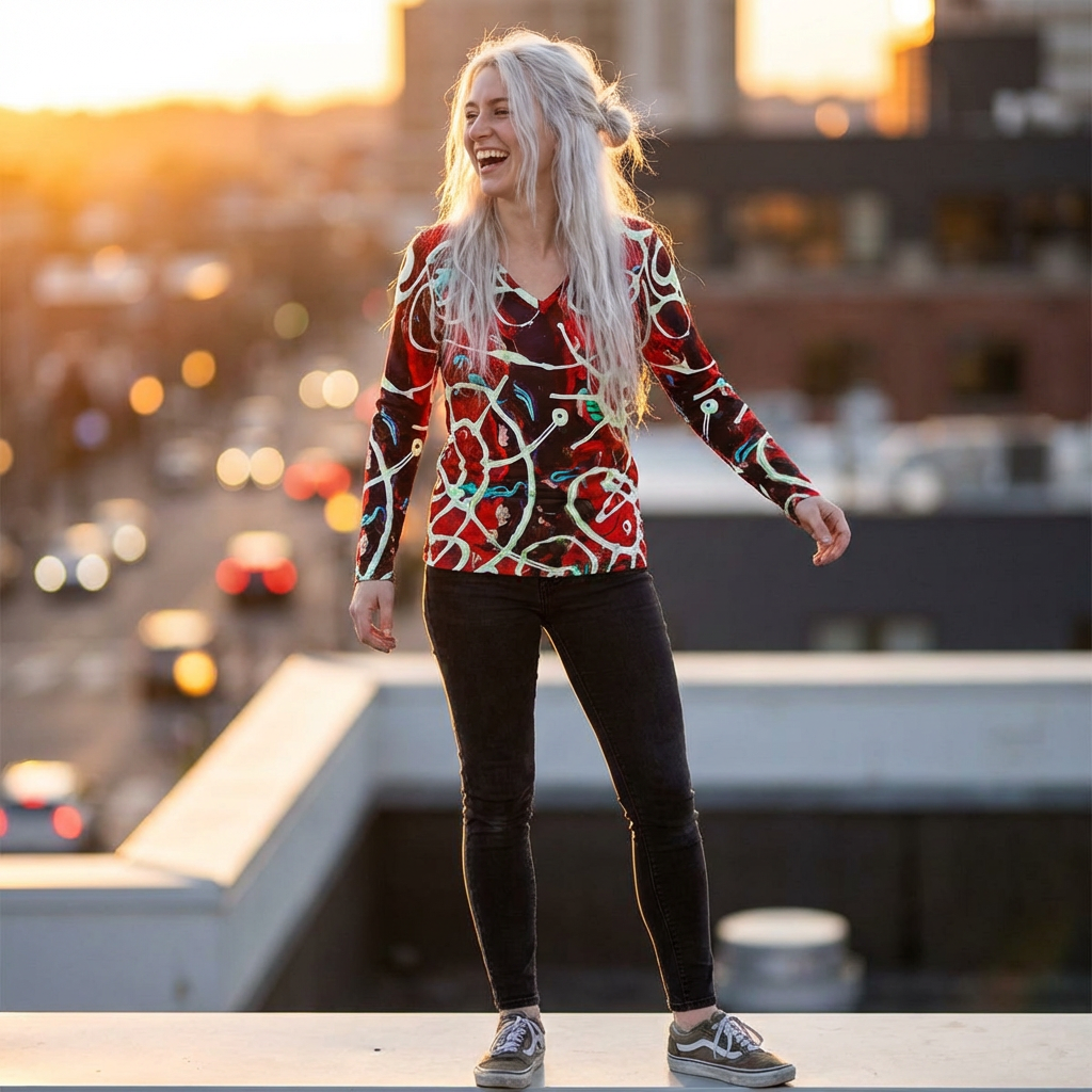 Women's V-Neck Long Sleeve Shirt — Red Abstract Floral All-Over Print
