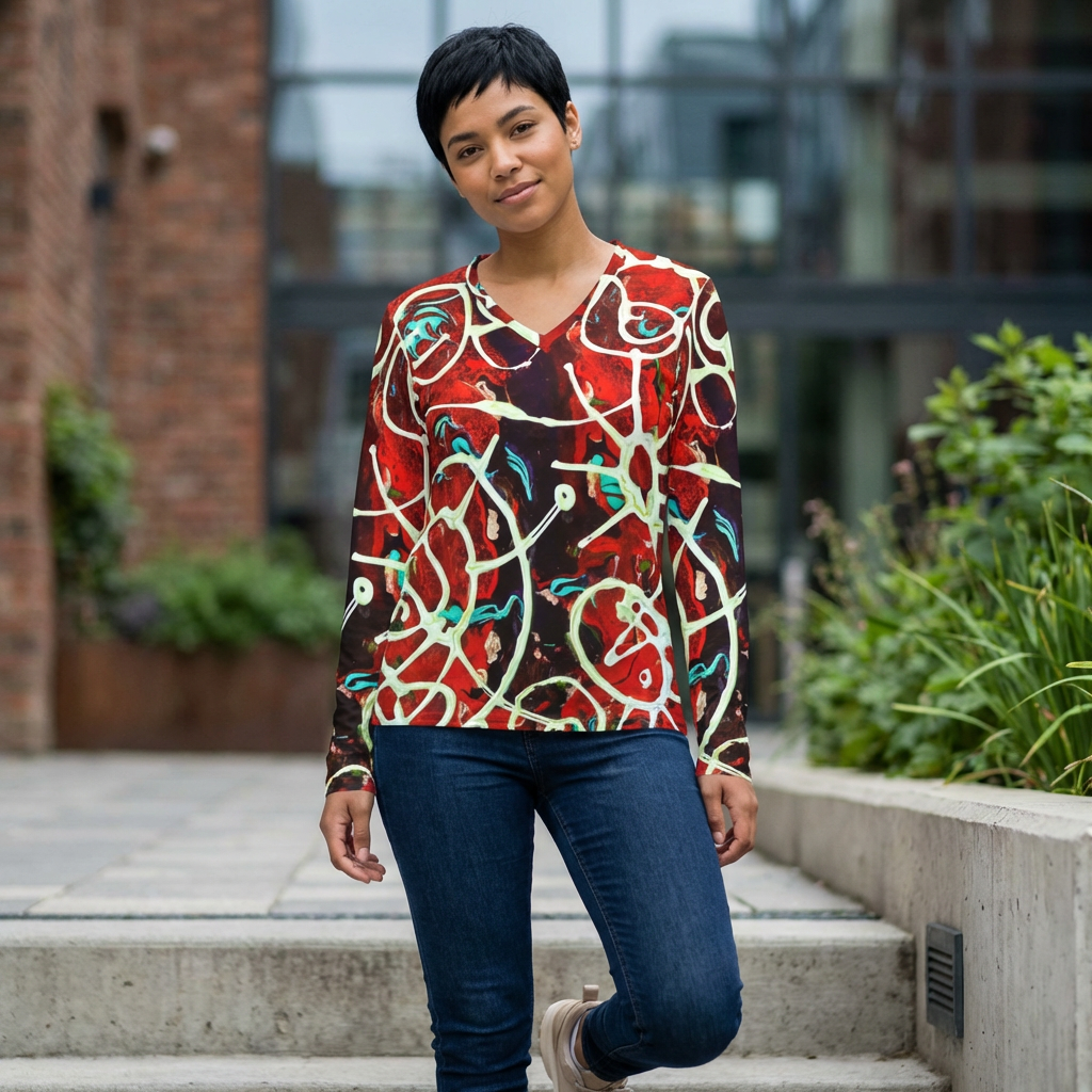 Women's V-Neck Long Sleeve Shirt — Red Abstract Floral All-Over Print