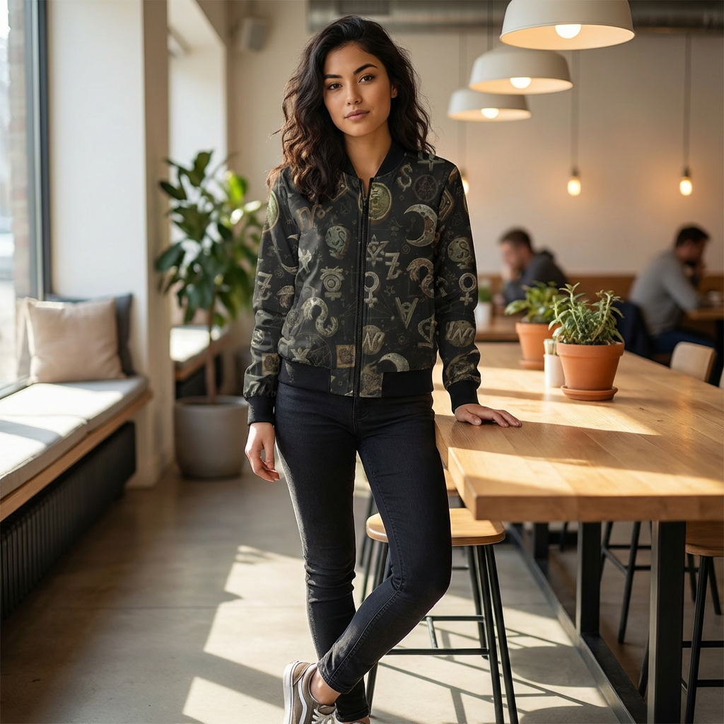 Witchy Symbol Pattern Bomber Jacket — Mystical Moon & Alchemy All-Over Print