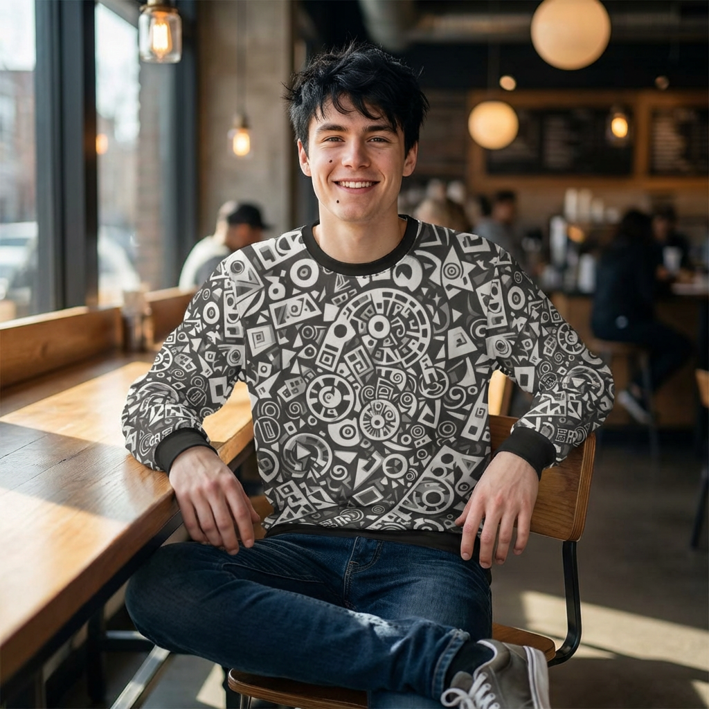 Abstract Geometric Pattern Sweatshirt — Monochrome Tribal Shapes All-Over Print