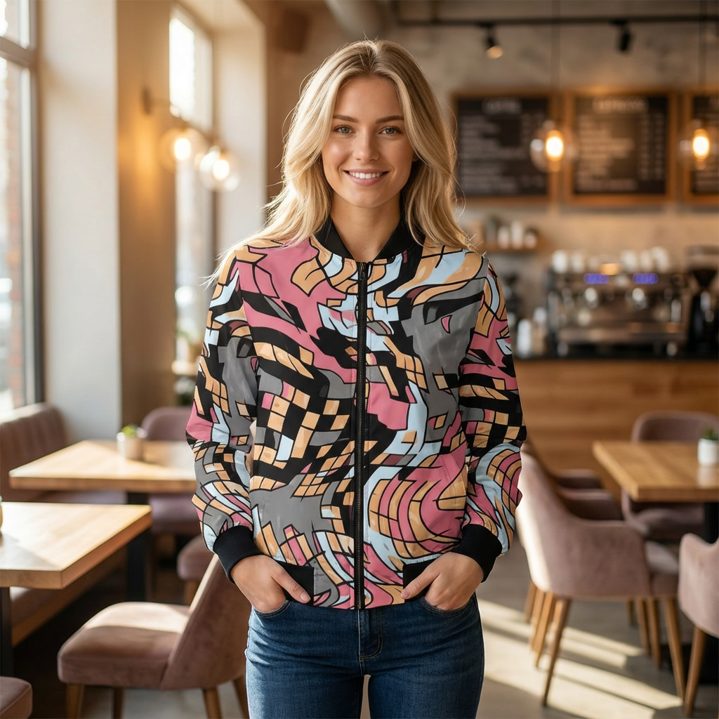 Abstract Wave Pattern Women's Bomber Jacket