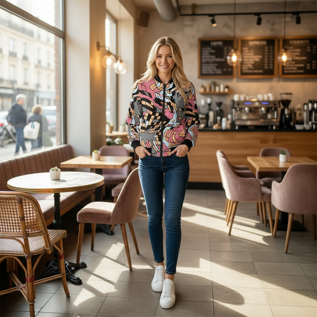 Women’s bomber jacket with abstract wave print, full-zip front, black ribbed cuffs and hem