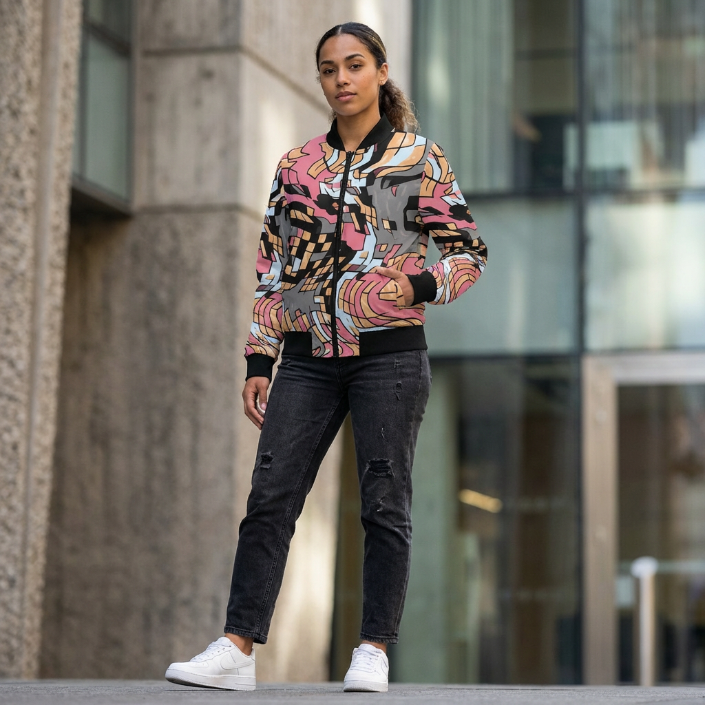 Abstract Wave Pattern Women's Bomber Jacket