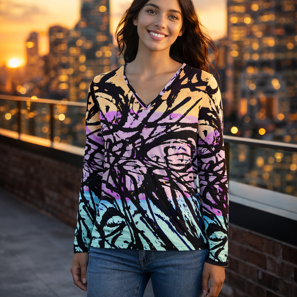 Abstract Pastel Scribble V‑Neck Long Sleeve — Women's Artistic All‑Over Print Shirt
