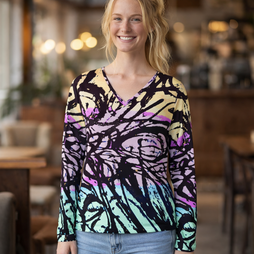 Abstract Pastel Scribble V‑Neck Long Sleeve — Women's Artistic All‑Over Print Shirt