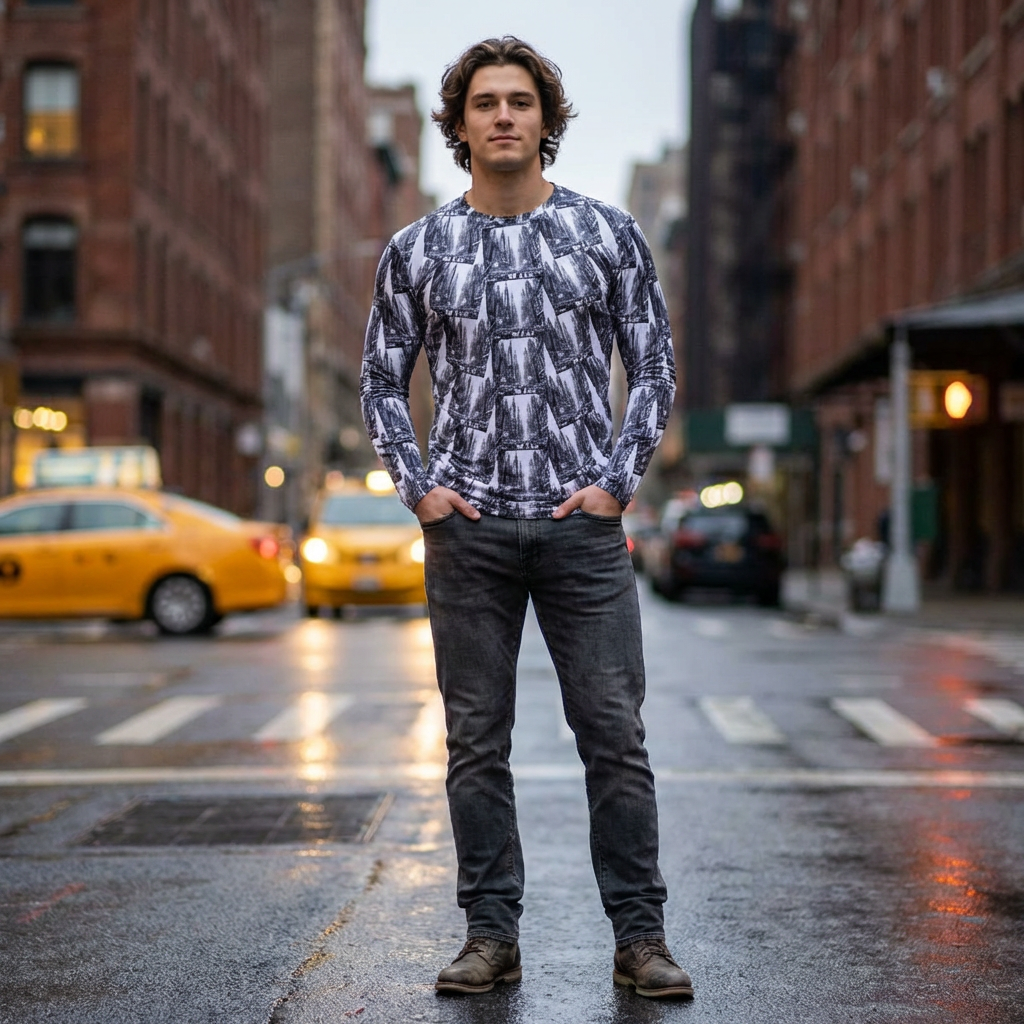 Men's Long Sleeve Shirt - Black & White Vintage Road Photo All-Over Print