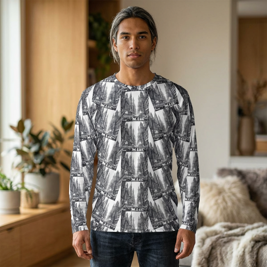 Men's Long Sleeve Shirt - Black & White Vintage Road Photo All-Over Print