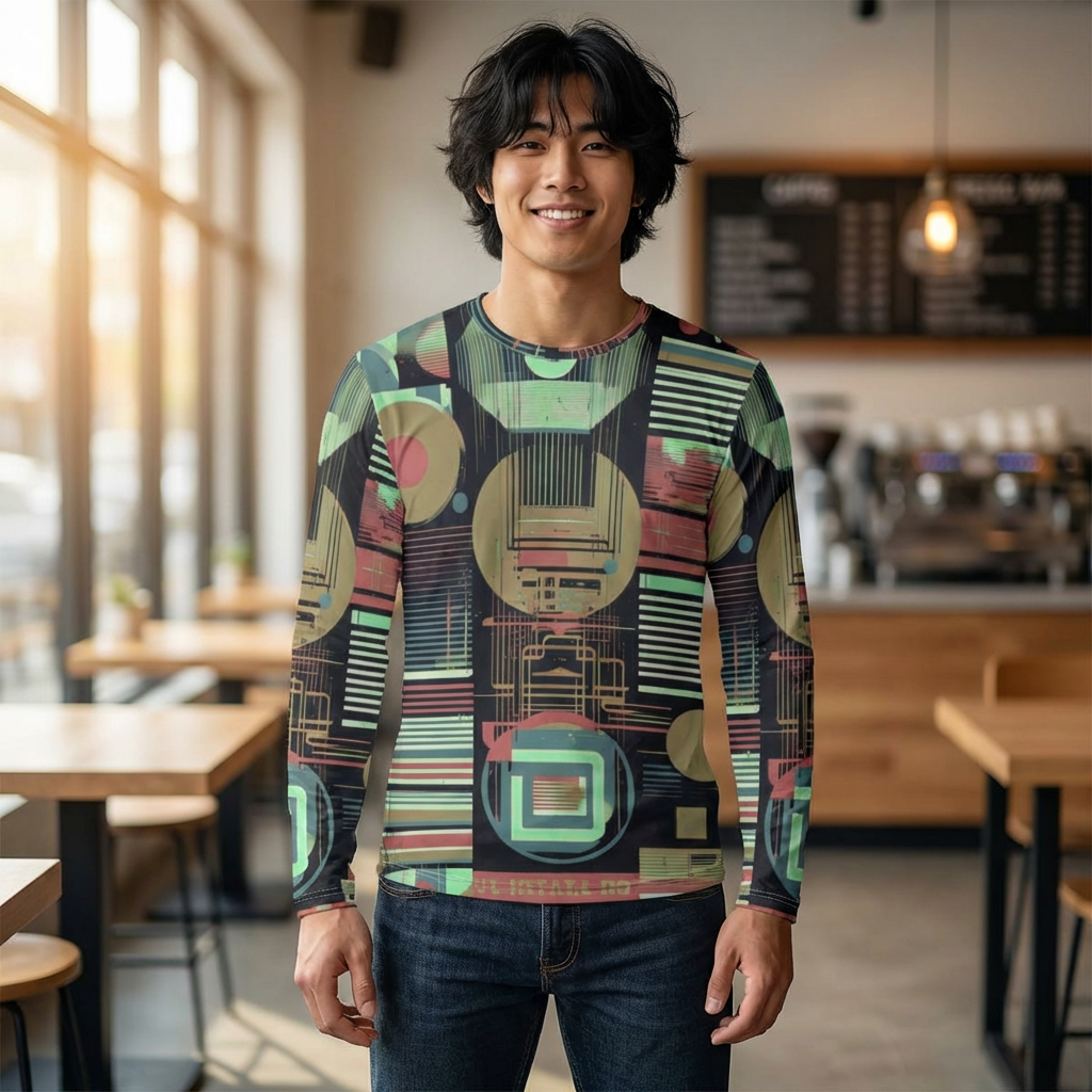 Men's UV Long Sleeve Shirt "UPF 50+" protection — Retro Geometric Tech Print