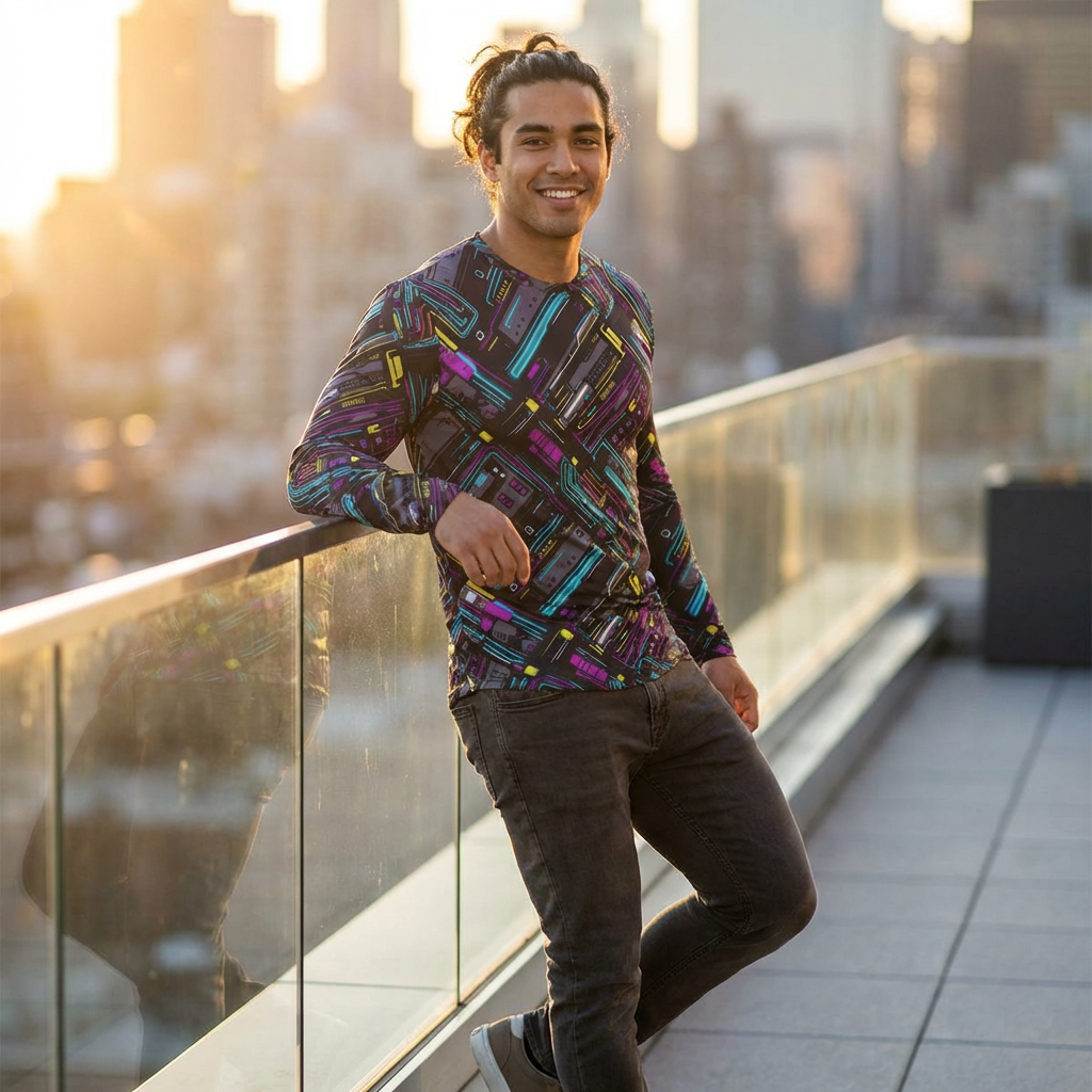 Men's long sleeve graphic shirt with retro cassette pattern, model wearing