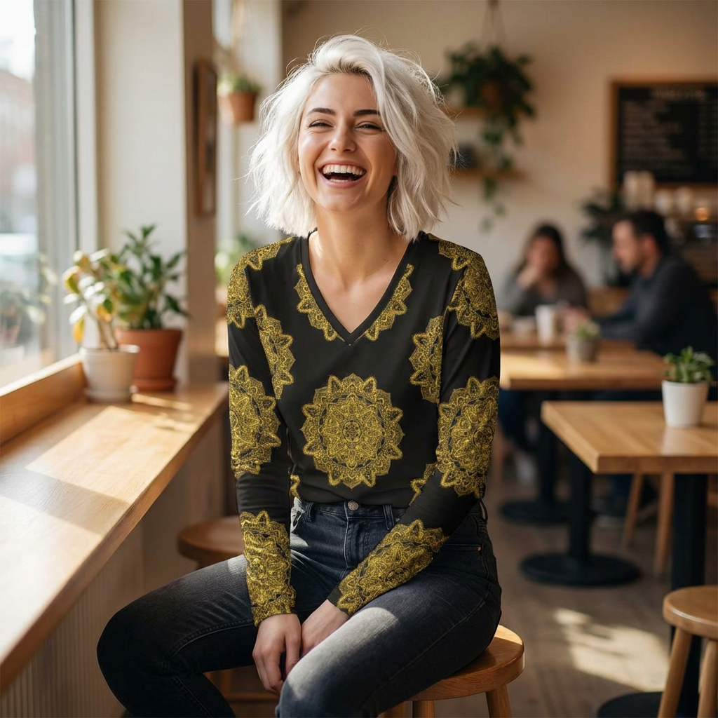 Women's V-Neck Long Sleeve Shirt — Gold Mandala All-Over Print