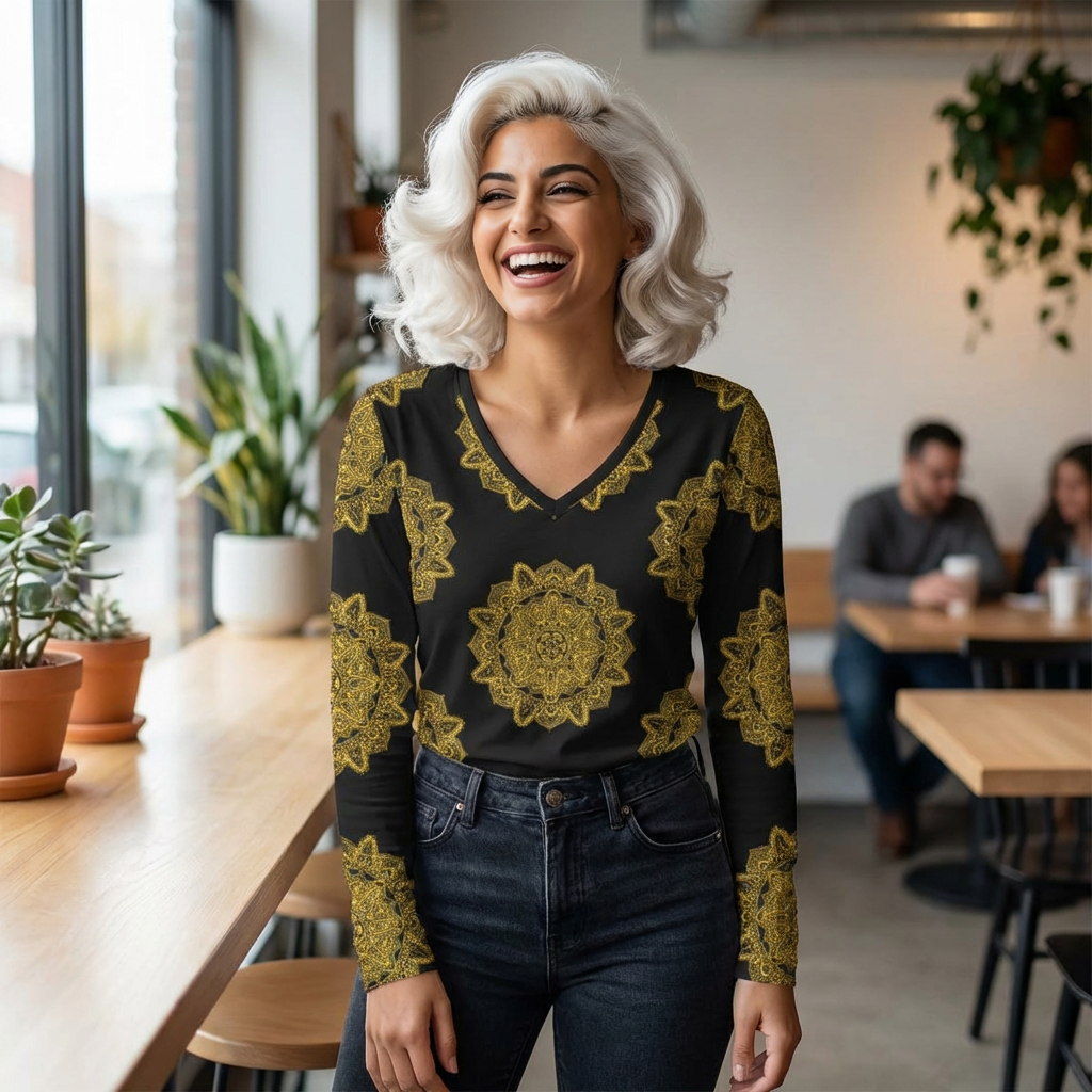 Women's V-Neck Long Sleeve Shirt — Gold Mandala All-Over Print