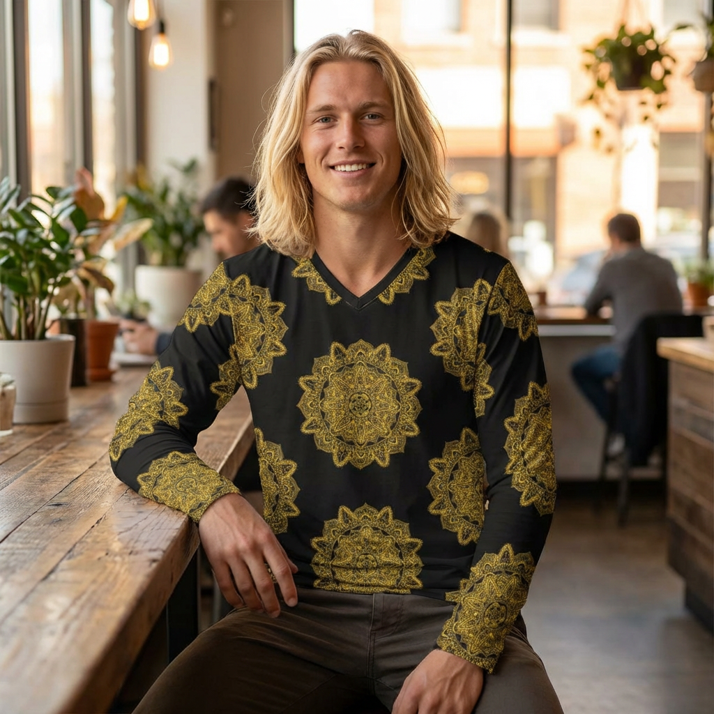 Women's V-Neck Long Sleeve Shirt — Gold Mandala All-Over Print
