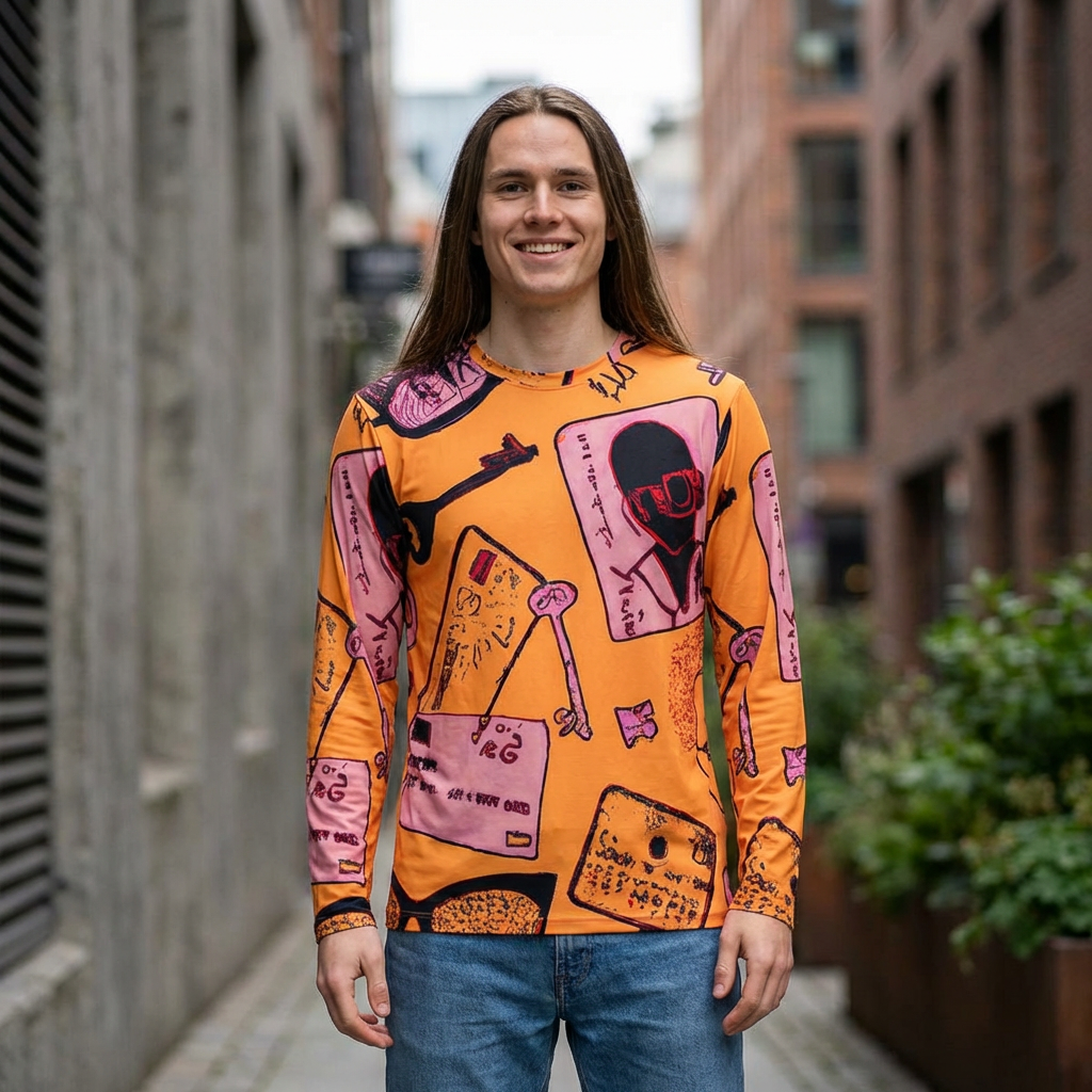 Vintage Polaroid Collage Long Sleeve Shirt — Retro Camera & Keys All-Over Print