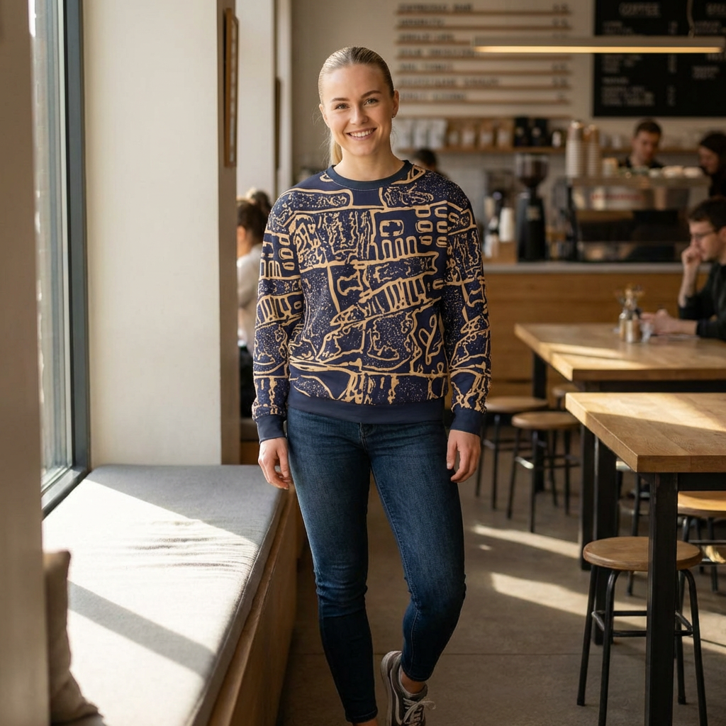 Abstract Navy & Gold All-Over Print Sweatshirt — Geometric Sketch Pattern