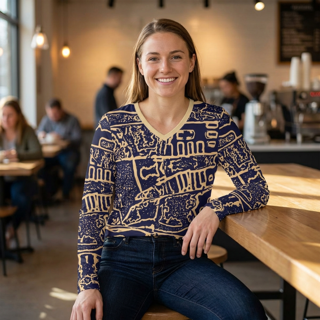 Abstract Navy & Beige V-Neck Long Sleeve Shirt