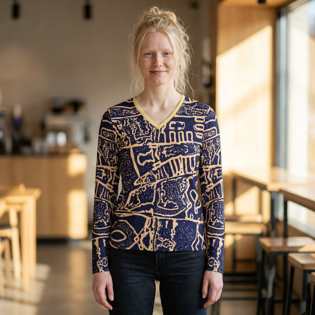 Abstract Navy & Beige V-Neck Long Sleeve Shirt