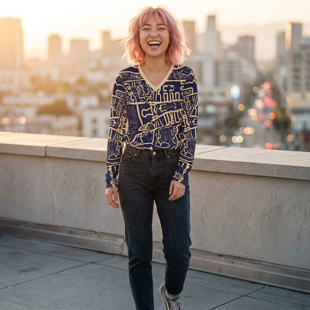 Abstract Navy & Beige V-Neck Long Sleeve Shirt