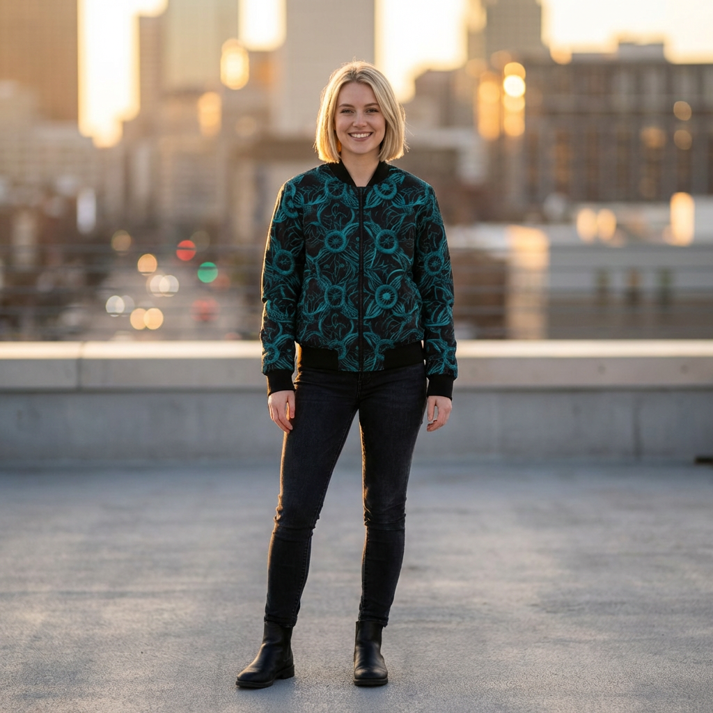 Teal Floral All-Over Print Bomber Jacket — Women's Lightweight Floral Jacket