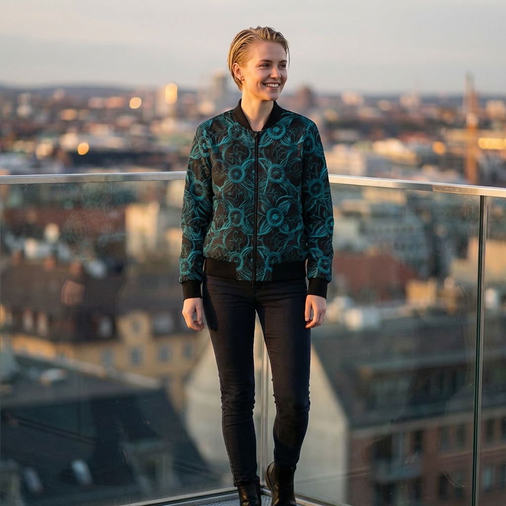 Teal Floral All-Over Print Bomber Jacket — Women's Lightweight Floral Jacket