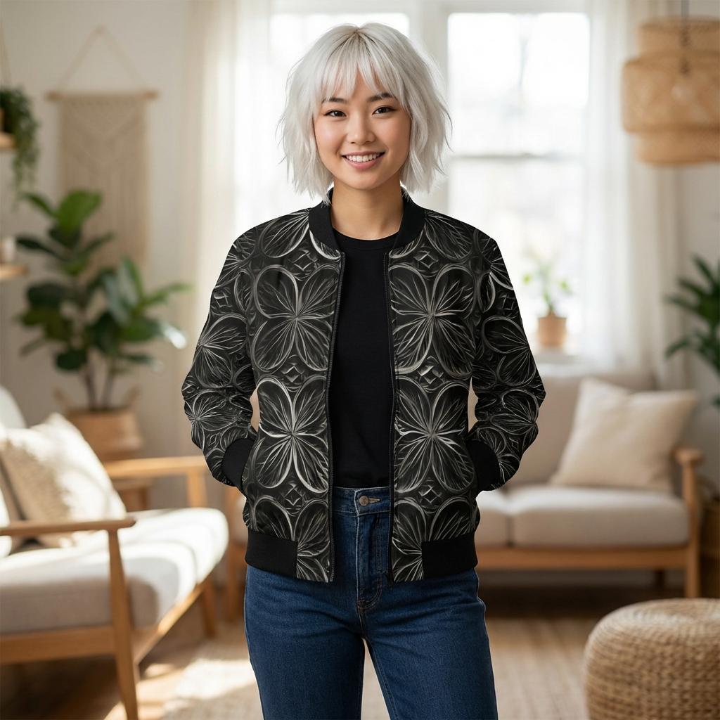 Floral Mosaic Women's Bomber Jacket — Monochrome Textured Petal Print