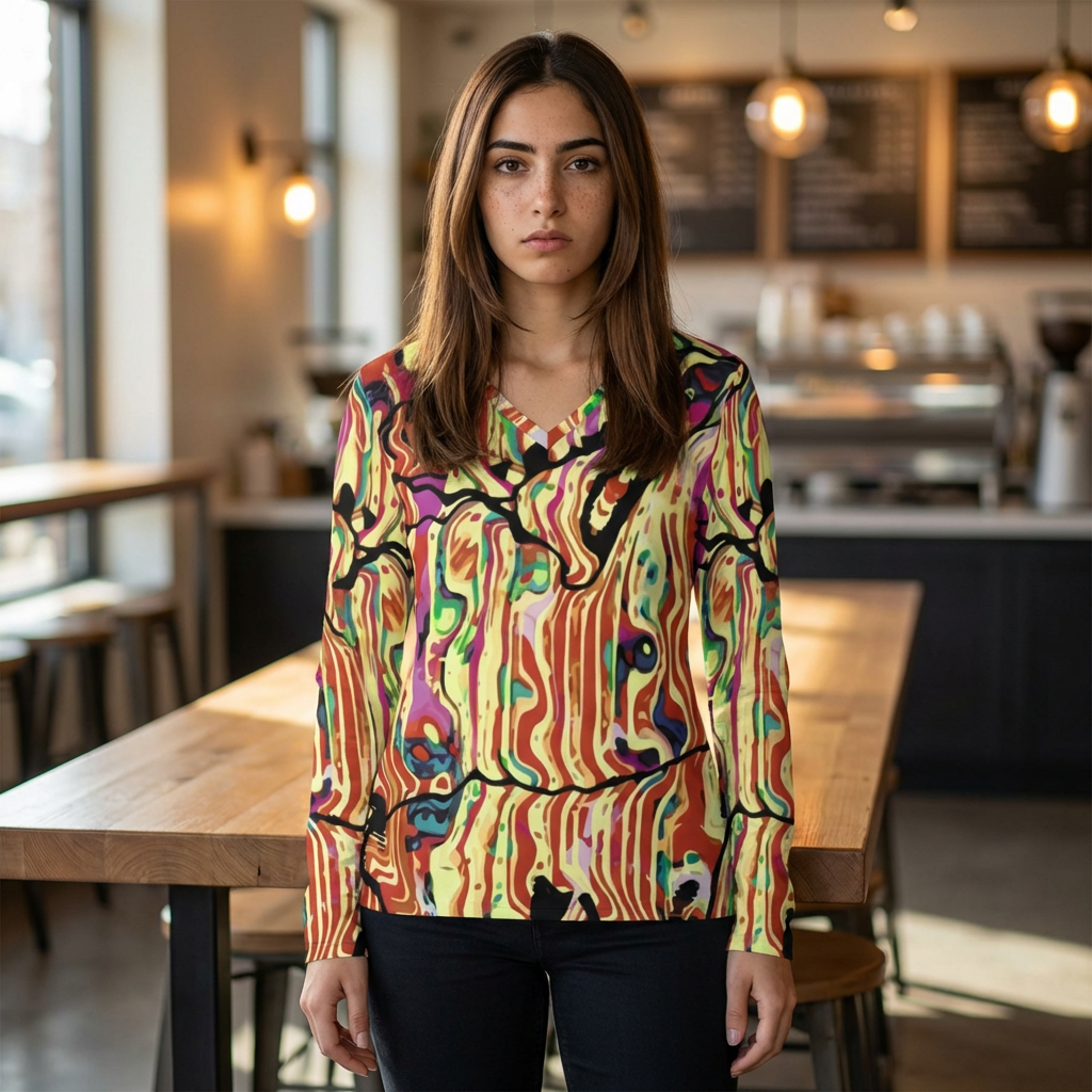 Women's V-Neck Long Sleeve Shirt — Abstract Swirl All-Over Print