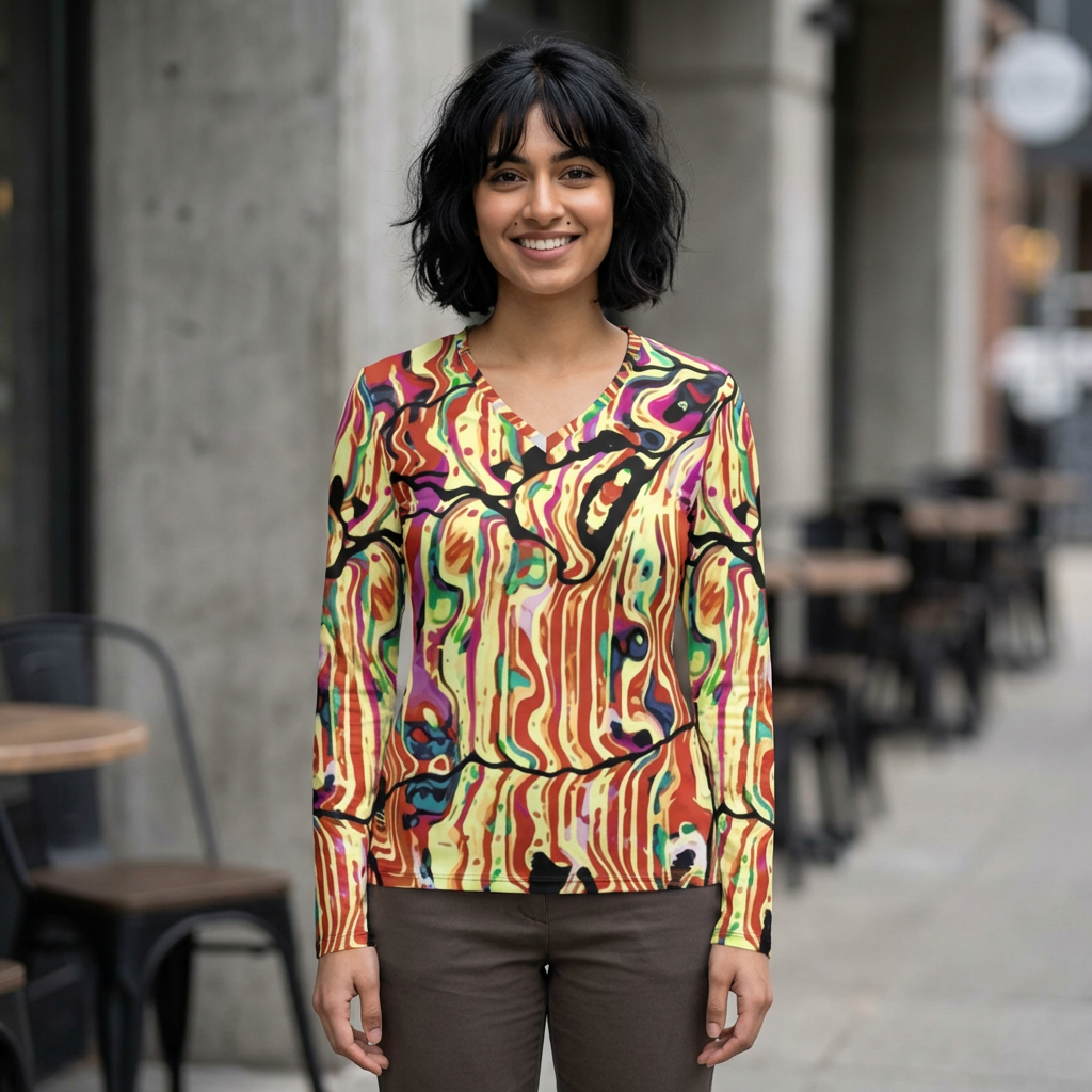 Women's V-Neck Long Sleeve Shirt — Abstract Swirl All-Over Print