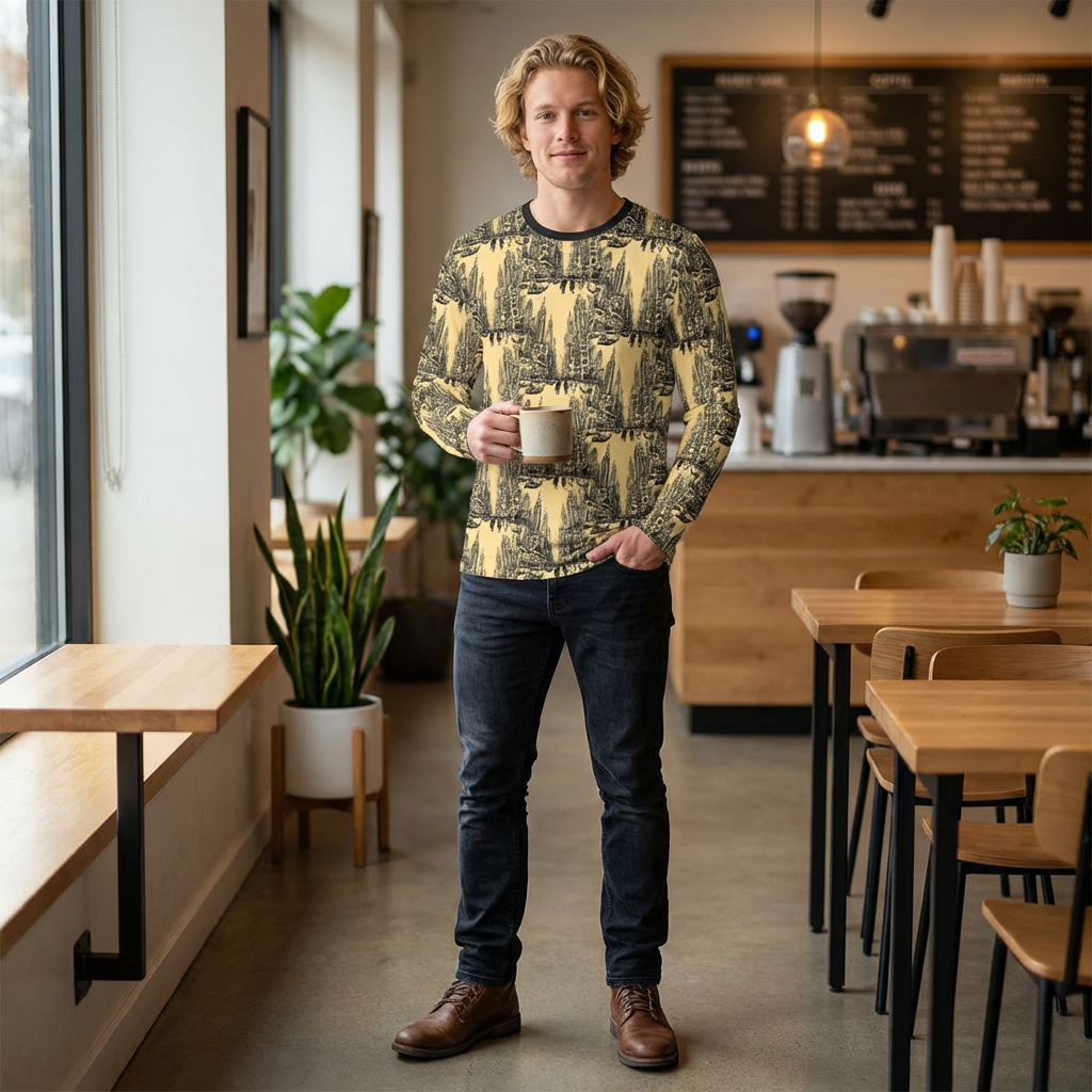 Long Sleeve Shirt — Vintage Cityscape All-Over Print