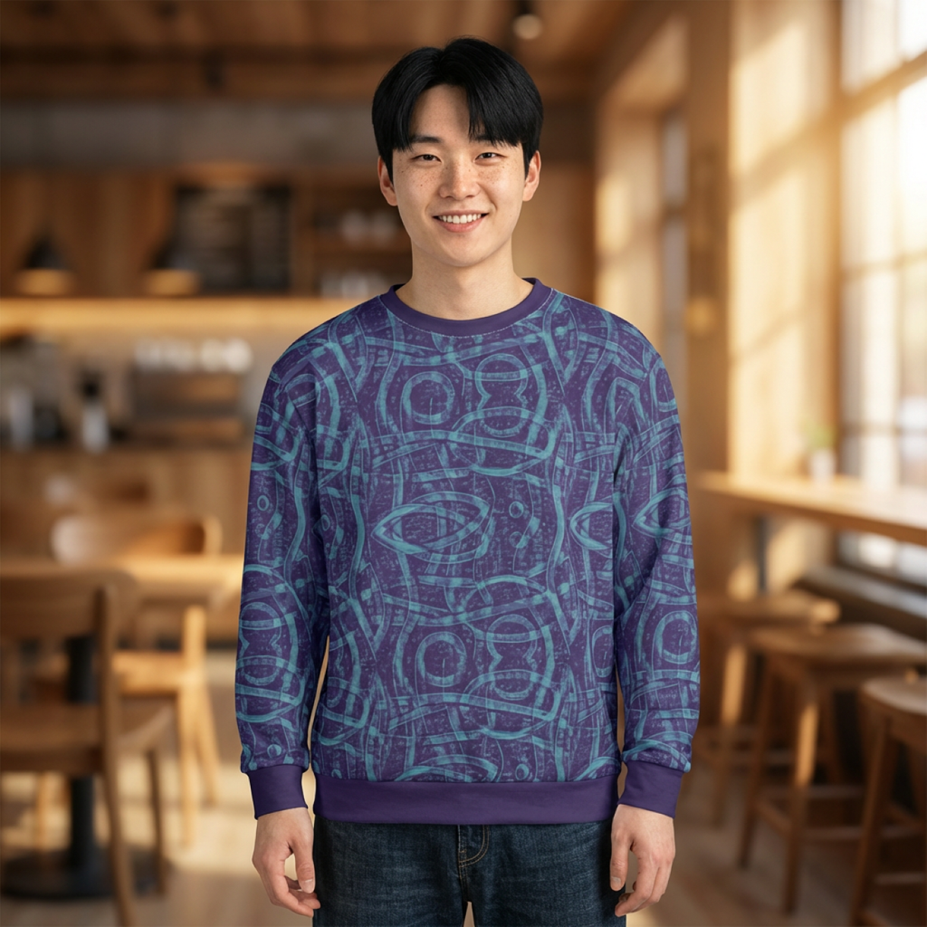 Blue Indigo Geometric All-Over-Print Sweatshirt — Abstract Tribal Pattern