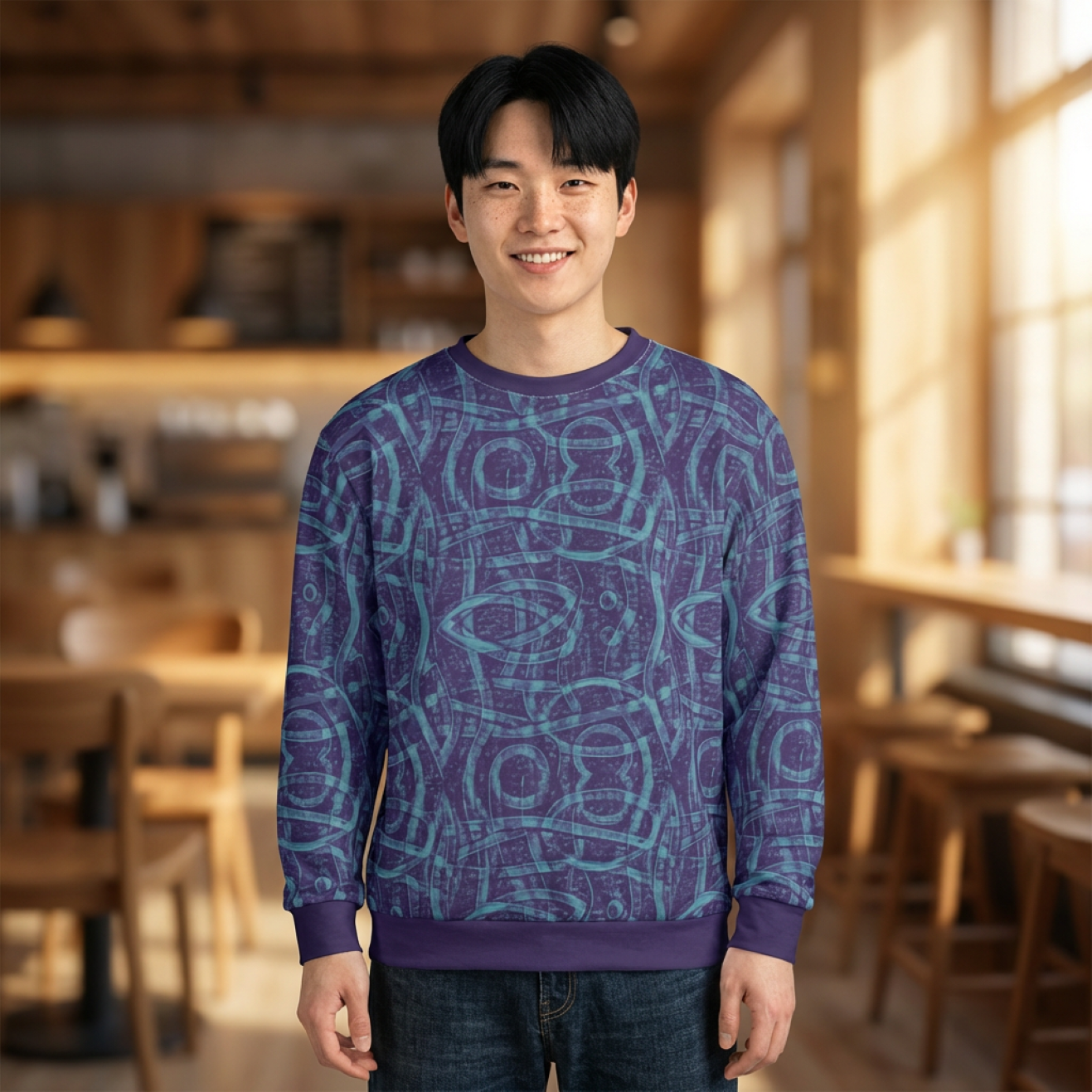 Blue Indigo Geometric All-Over-Print Sweatshirt — Abstract Tribal Pattern