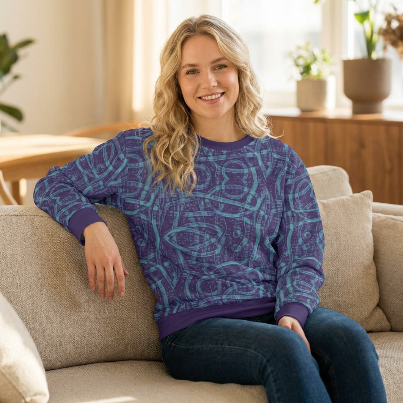 Blue Indigo Geometric All-Over-Print Sweatshirt — Abstract Tribal Pattern