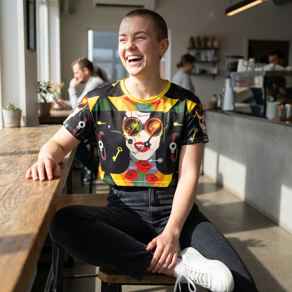Abstract Retro Face Crop Tee — Colorful Pop Art Sunglasses Design