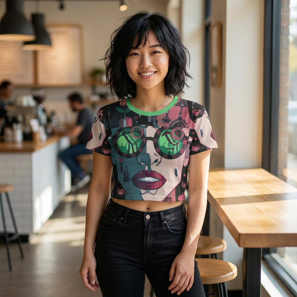 Retro Cyberpunk Crop Tee — Neon Sunglasses Portrait All-Over Print
