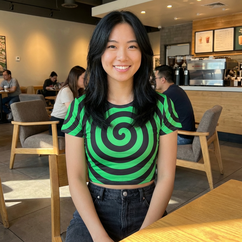 Neon Spiral Crop Tee — Green Hypnotic Swirl All-Over Print
