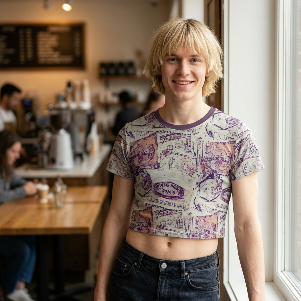 Vintage Stamp Pattern Crop Tee — Retro Postal All-Over-Print Top