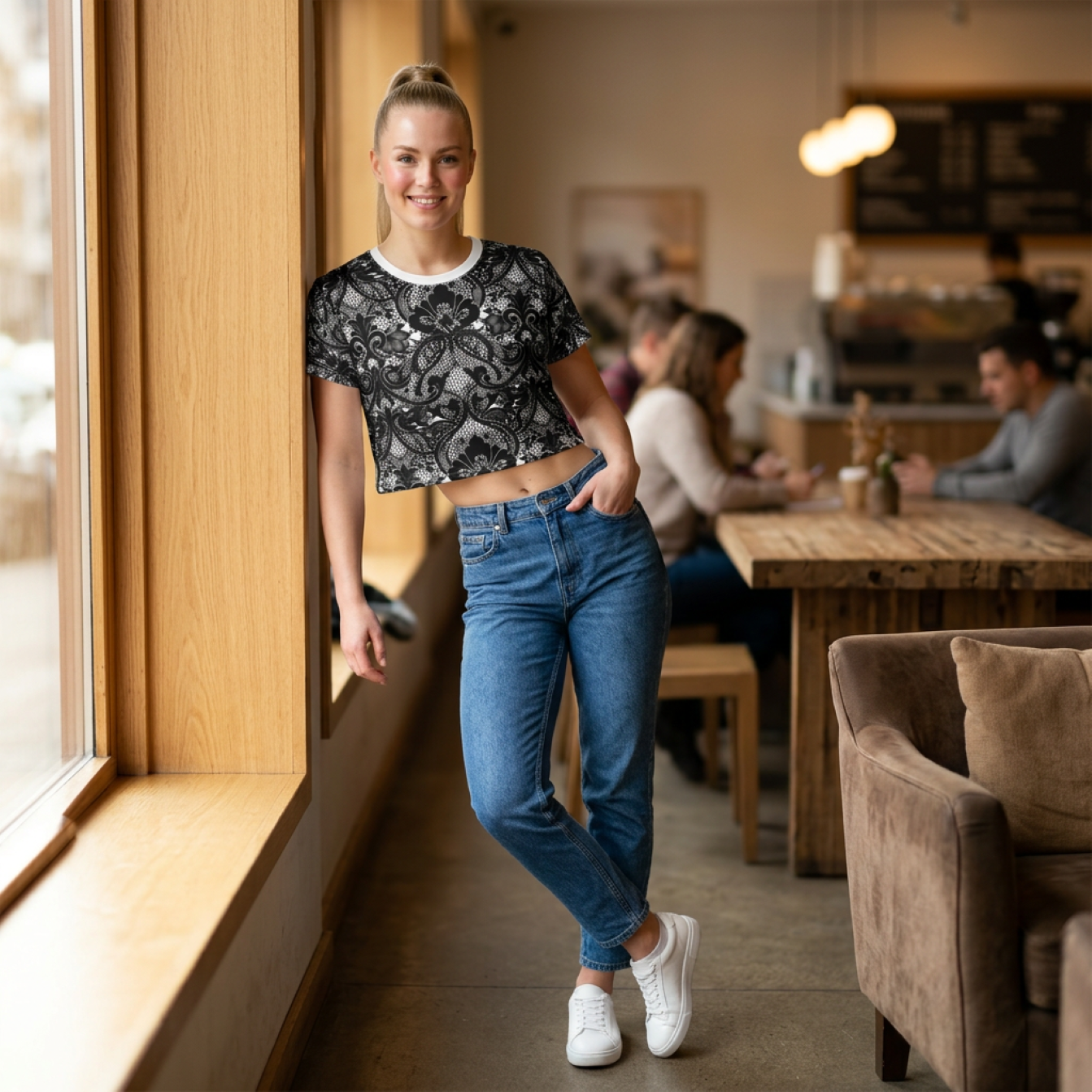 Lace Damask Crop Tee — Black Vintage Floral Pattern