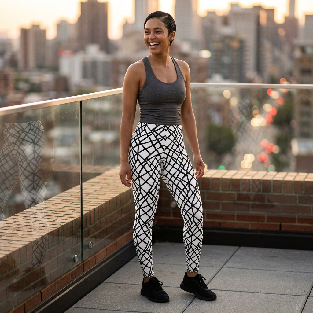 Black & White Abstract Grid Leggings — Women's Casual All-Over Print